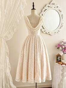 Vintamour 复古优雅女士连衣裙，带口袋，天鹅绒珍珠链，适合派对、假日、鸡尾酒会等场合。优雅派对连衣裙，夏季女士连衣裙，夏季度假装，春季女装，春季连衣裙，春季服装，春假装，优雅派对连衣裙，优雅派对连衣裙，女士婚礼宾客连衣裙，婚礼派对连衣裙，毕业礼服，优雅典礼礼服，优雅女士正式礼服。 - 杏色 - 查看 6