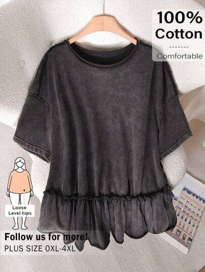 CosyJoli Plus Size Women Washed Loose Plus Size T-Shirt, Casual Street Style