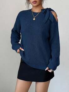 Casual Solid Color Shoulder Tie Raglan Sleeve Loose Knit Sweater, Autumn/Winter - Dusty Blue - View 3
