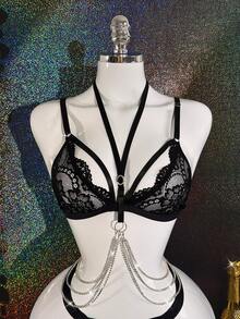 3pcs Lace Black Sensual Diamond Chain Luxury Sexy Set - Black - View 6