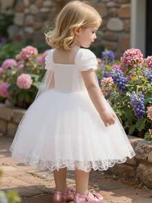 Glamorique Kids 花童、生日派对、连衣裙、26款春夏时尚、舞会礼服、白色蕾丝、缎面质感、白色网纱蓬蓬裙、可拆卸蝴蝶结设计，适合正式场合、钢琴演奏、派对或特殊舞台表演、白色婚礼幼儿礼服、白色公主裙、白色女婴连衣裙、女婴派对礼服、女婴白色连衣裙、幼儿女童白色连衣裙 - 白色 - 查看 2