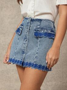 WESTFADE 扇形边刺绣牛仔迷你裙 - 淺色水洗藍 - 查看 4