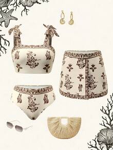 Swim Oasis 女士夏季沙滩印花休闲比基尼泳装套装（含裙子） - 彩色 - 查看 1