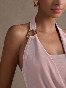 L'Amorae Áo nữ không tay, kiểu dáng thời trang, hở lưng, cổ xếp ly, thích hợp cho mùa hè. - Màu Hồng baby - Xem 2