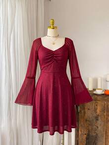 CovetEZ Flared Hem Burgundy Short Plus Size Dress With Ruched Bust And Extra-Long Flare Sleeves For Elegant Women - Burgundy - View 6