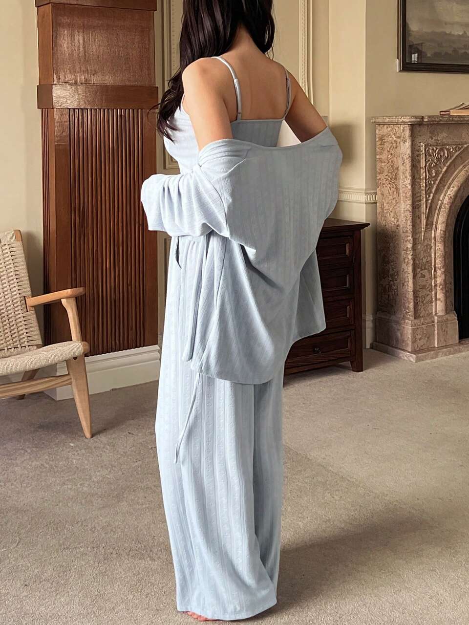 3pcs Set Jacquard Knit Tie Cardigan, Camisole & Long Pajama Pants Sleepwear Set For Women