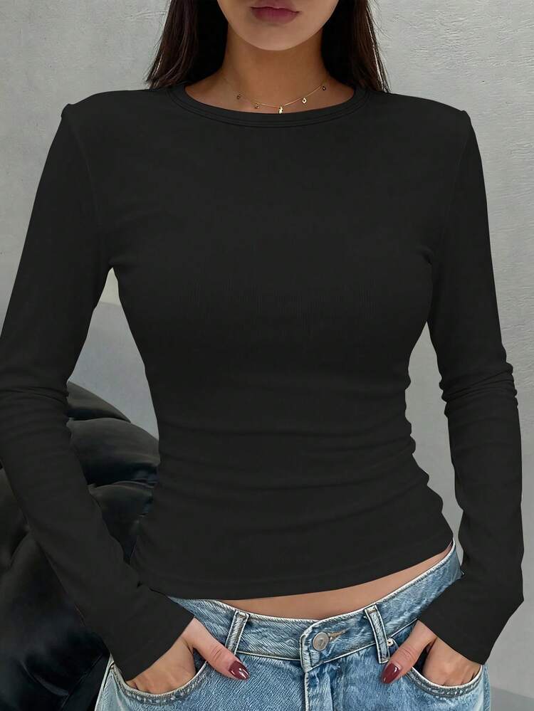 Women's Solid Color Round Neck Fitted Casual Long Sleeve T-Shirt
