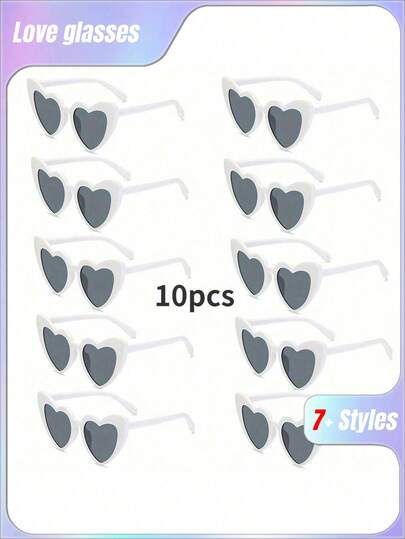 10pcs Cute And Interesting Heart-Shaped Decorative Fashion Glasses For Both Men And Women, Suitable For Wedding Parties, Dance Parties, Etc., In White Color, Christmas