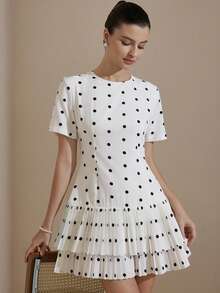 Revavyn Black & White Polka Dot Print Round Neck Waist Cinched Short Sleeve All-Match Silhouette Layered Ruffle Hem Casual Versatile Women Dress - Black and White - View 3