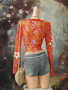 EgrlEra Women's V-Neck Fashionable Short Tie-Up Fitted Mesh & Contrast Lace Blouse - Multicolor - View 2