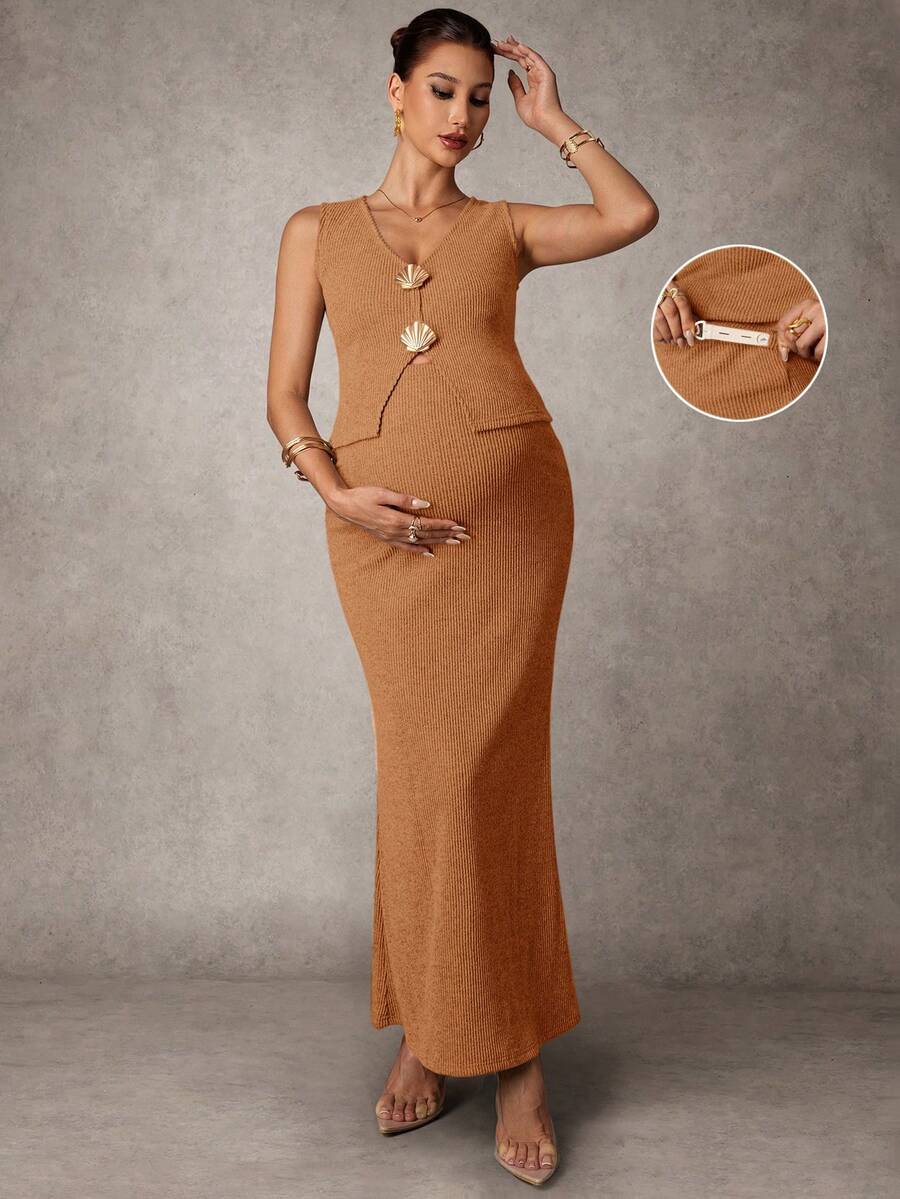 MaterniChic Maternity Elegant Metal Shell Decor Camisole And Skirt 2 Pieces Set, Summer - Orange - View 1