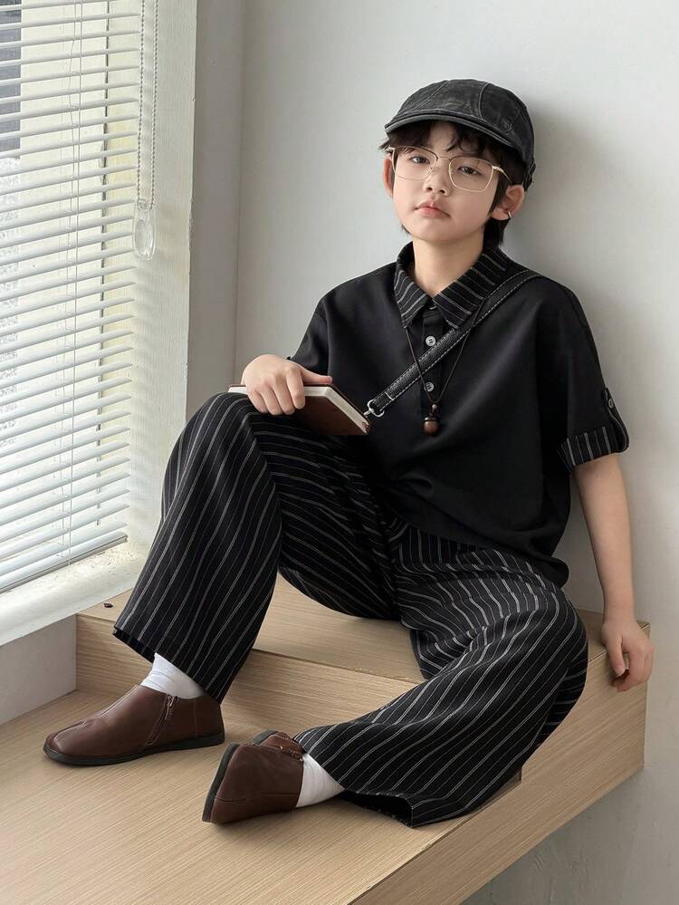 Tween Boy Striped Patchwork Short Sleeve Shirt And Pants Casual Outfit Summer