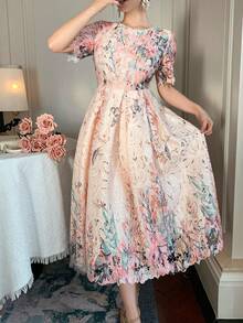 DAZY Elegant Lace Hollow Out Waist Cinching A-Line Dress With Stand Collar Short Sleeve Sundress Boho Vacation Outfits Women - Pink - View 3