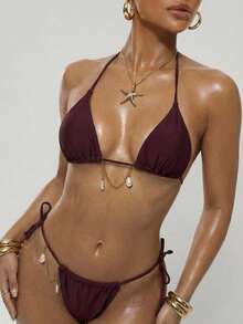 SHEIN BAE Bộ bikini buộc dây trang trí gợi cảm dành cho nữ - Màu đỏ tím - Xem 4