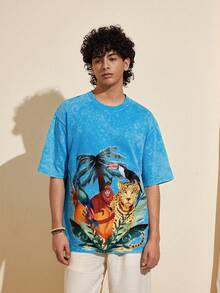 Felipe Marques Men's Animal & Plant Print Distressed Short Sleeve Loose Blue T-Shirt, Casual For Spring, Summer, Vacation, Party, Beach - Blue - View 3