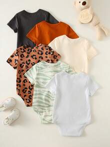 SHEIN 6pcs Newborn Baby Unisex Casual Knit Funny Cartoon Print Short Sleeve Romper Basic Bodysuit Set,Kids - Multicolor - View 2