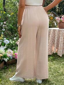 SHEIN Women's High Waist Loose Casual Pants,Pregnant Solid Color Elastic Drawstring Pocket Wide Leg Summer Capri Pants,Linen Two Piece Set,Peach,Sommar - Khaki - View 2