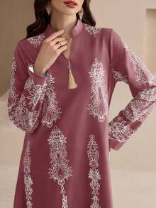 Al Najma New Notched Collar Gold Tassel Pendant High-End Embroidery Elegant Casual/Party Traditional Long Dress - Dusty Pink - View 1