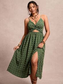 SHEIN VCAY Đầm không tay xẻ cao, màu trơn, kiểu xoắn rỗng, cỡ lớn - xanh quân đội - Xem 8