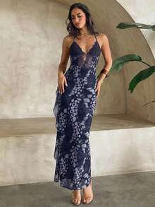 Aloruh Women's Butterfly & Mesh Print Halter Lace Patchwork Super Long Slit Ruffle Hem Dress, Suitable For Spring/Summer Vacation - Navy Blue - View 5