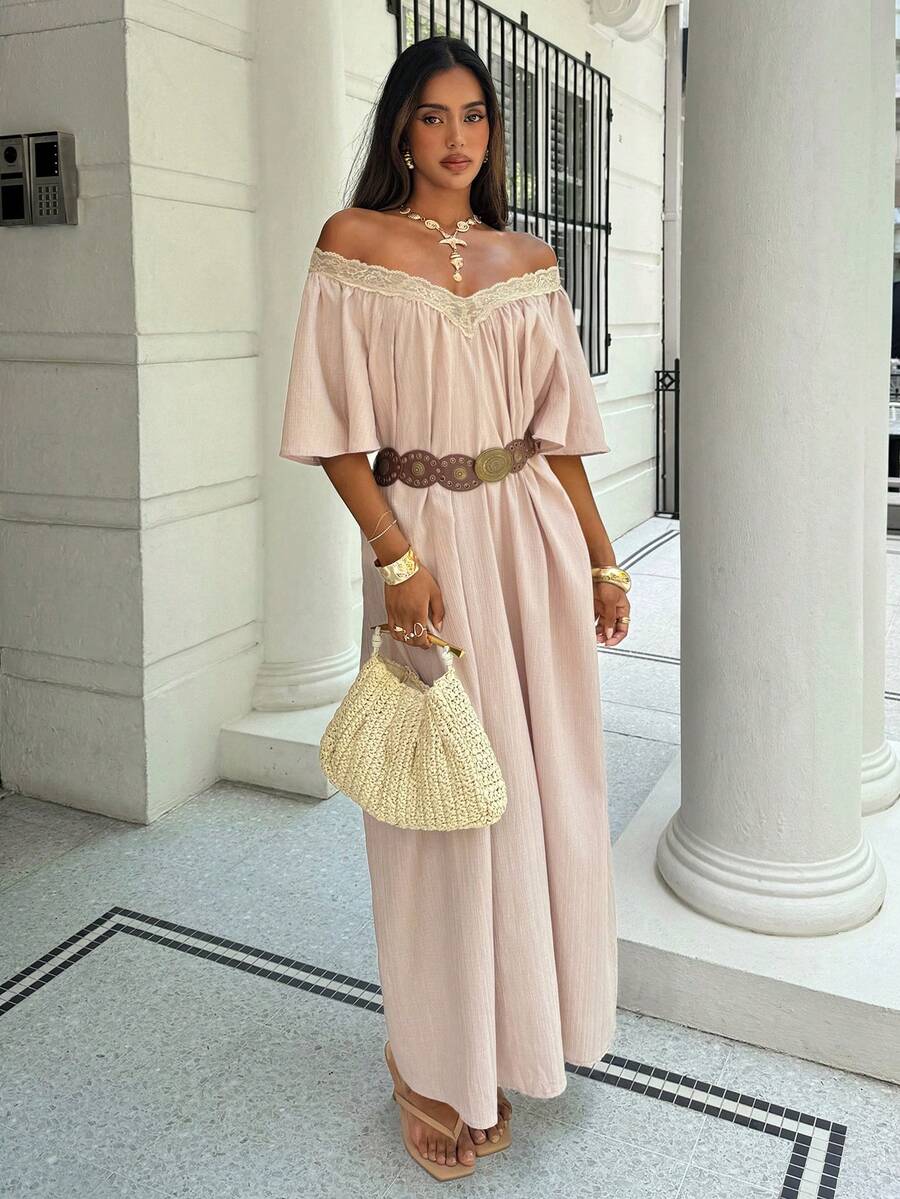 Aloruh 女士优雅波西米亚风宽松纯白色度假连衣裙