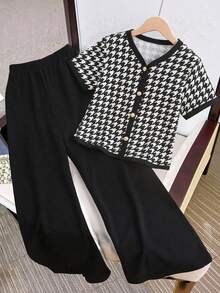 SHEIN Tween Girls Houndstooth Print T-Shirt & Pants Set - Black - View 1
