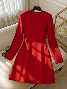 Airaco فستان نسائي أنيق بأكمام طويلة مزين بفيونكة للمناسبات الخاصة كعيد الحب وعام جديد - الأحمر - مشاهدة 2