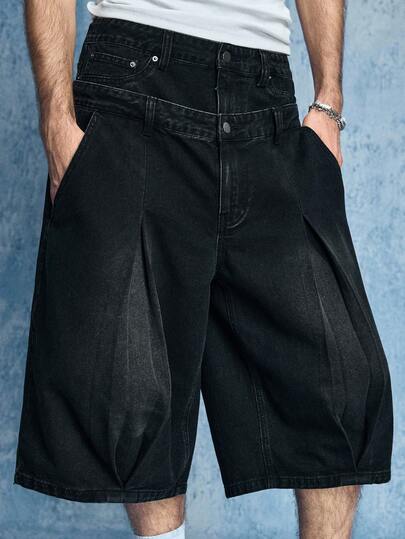 Street Life Pantaloncini di jeans casual estivi da uomo con doppia vita e pieghe, 2 in 1