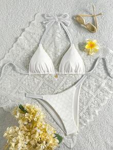 Swim Mod Bộ bikini buộc dây cổ trước phối màu tương phản dành cho nữ - trắng - Xem 1