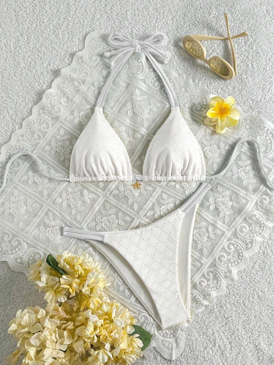 Swim Mod Bộ bikini buộc dây cổ trước phối màu tương phản dành cho nữ - trắng - Xem 1