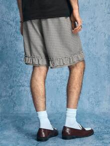 ROMWE MEN Street Life Men's Fine Plaid Drawstring Waist Pocket Ruffle Hem Casual Shorts - Black - View 3