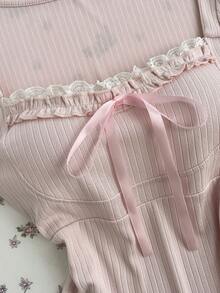 Elamini Damen süße hellrosa Schleife Rüschen Saum Kurzarm Top - Babypink - Übersicht 3