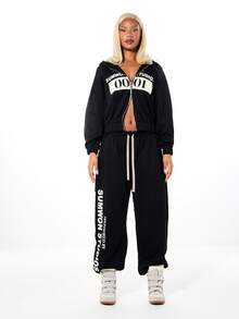 SUMWON WOMEN Oversized Plain Cuffed Graphic Sweatpants With Large Scale Print And Drawstring Waist For Casual Comfort And Street Style - Black - View 5