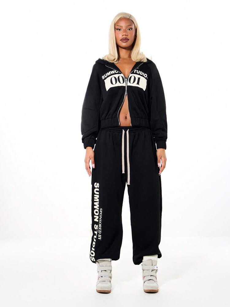 SUMWON WOMEN Oversized Plain Cuffed Graphic Sweatpants With Large Scale Print And Drawstring Waist For Casual Comfort And Street Style