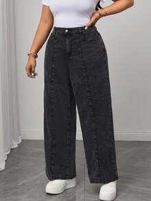 Truni Plus Size Casual Washed High Waist Wide-Leg Jeans, For Pear And Triangle Body Shape - Black - View 5