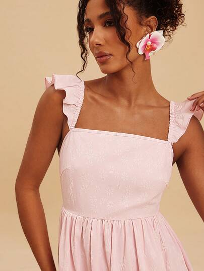 Travachic Women's Summer Vacation Solid Color Jacquard Ruffle Hem Dress