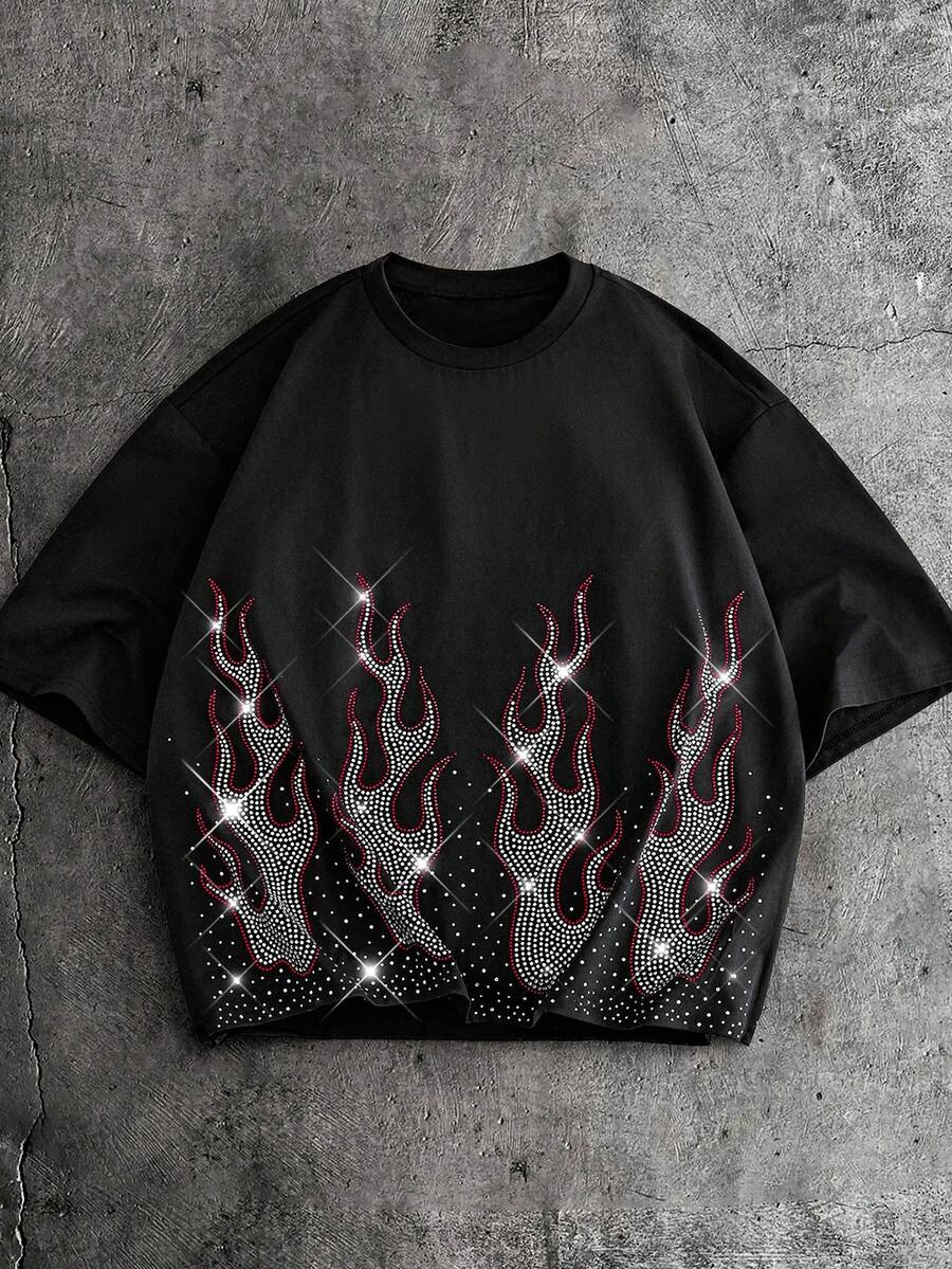 AXEPEAK Men's Casual Fashionable Streetwear Rhinestone Flame Graphic Short Sleeve T-Shirt, Summer - Black - View 1
