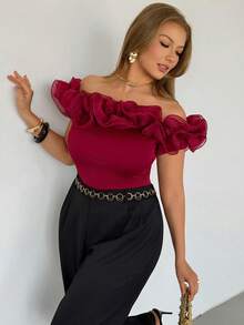 Auralis Plus Size Women's Solid Color Ruffle Off-Shoulder Fitted Fashionable T-Shirt Red Off Shoulder Top Burgundy Top Wine Red Top Dark Red Top Rose Top Elegant Ceremony T-Shirt For Women Spring/Summer Elegant T-Shirt For Women - Red - View 2