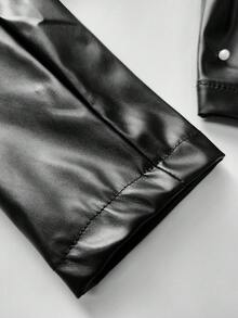 SHEIN PETITE 娇小女款铆钉装饰圆领街头朋克风短款PU皮夹克 - 黑色 - 查看 3