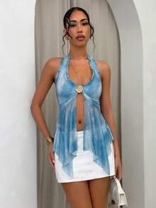 Glamine 女士时尚度假风露背系带荷叶边不规则下摆金属贝壳装饰扎染蓝色印花网纱吊带背心，春夏款 - 藍色 - 查看 3