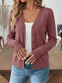 Áo khoác cardigan dài tay ôm sát màu trơn cài nút phía trước thanh lịch dành cho nữ - Bụi hồng - Xem 3
