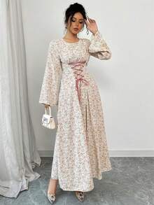 Yasmyna Women's Apricot Woven Floral Print Long Sleeve Tie-Waist A-Line Elegant Arabic Dress, Spring/Summer - Pink - View 4