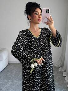 Yasmyna 女士印花宽松长袖阿拉伯连衣裙 - 黑色 - 查看 3