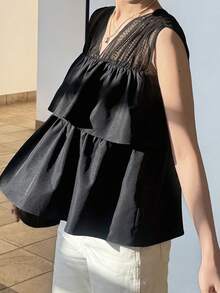 FRIFUL Women's Solid Color Mesh Patchwork Sleeveless Shirt With Double Ruffle Hem Summer - Black - View 4