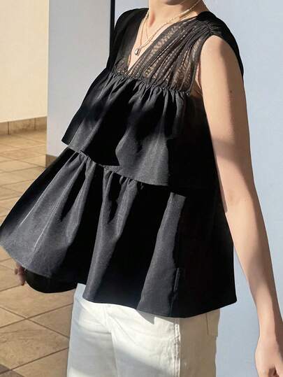 FRIFUL Camisa sin mangas de mujer con parches de malla de unicolor y dobladillo con doble volante