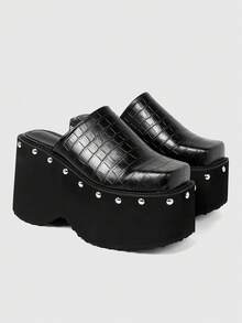ROMWE Grunge Punk Women's Black Crocodile Embossed Studded Square Toe Platform Sandals - Black - View 3