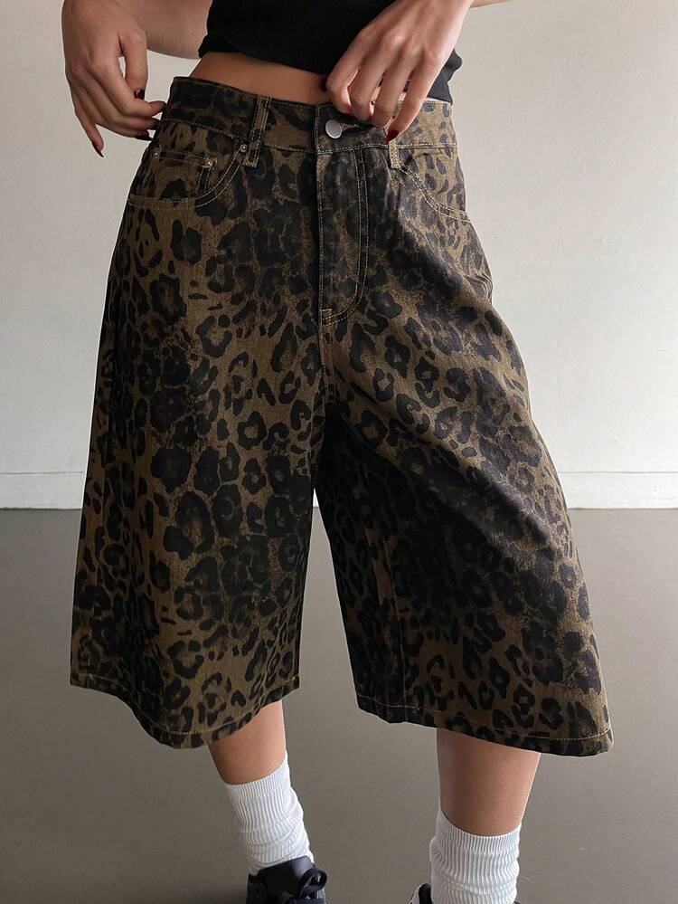 Women's Casual Loose Fit Distressed Leopard Print Denim Shorts, Suitable For Spring And Summer Jorts