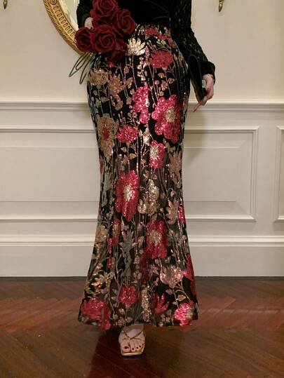 DAZY Women's Floral Sequin High Waist Mermaid Hem Elegant Skirt