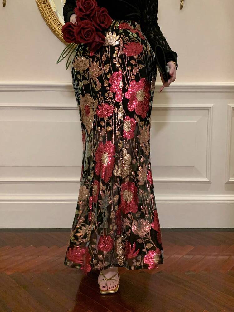 Women's Floral Sequin High Waist Mermaid Hem Elegant Skirt