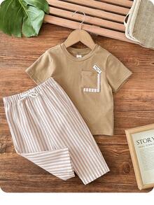男婴可爱休闲针织拼接短袖T恤和条纹松紧腰短裤套装 - 卡其色 - 查看 8